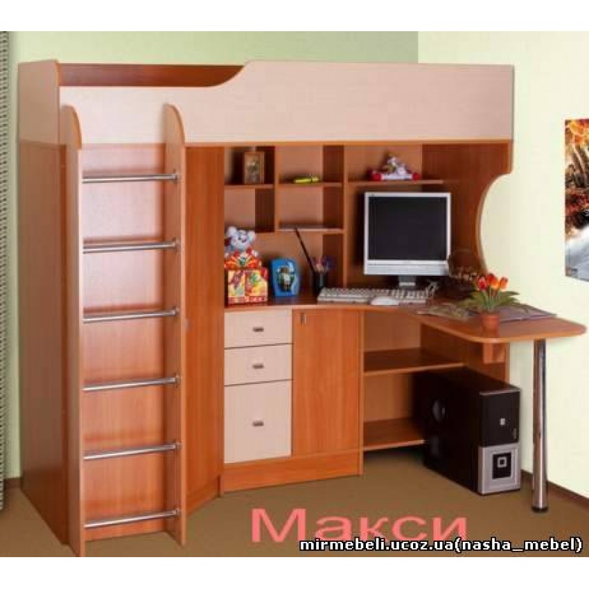 Детская кровать чердак Макси со шкафом и рабочей зоной